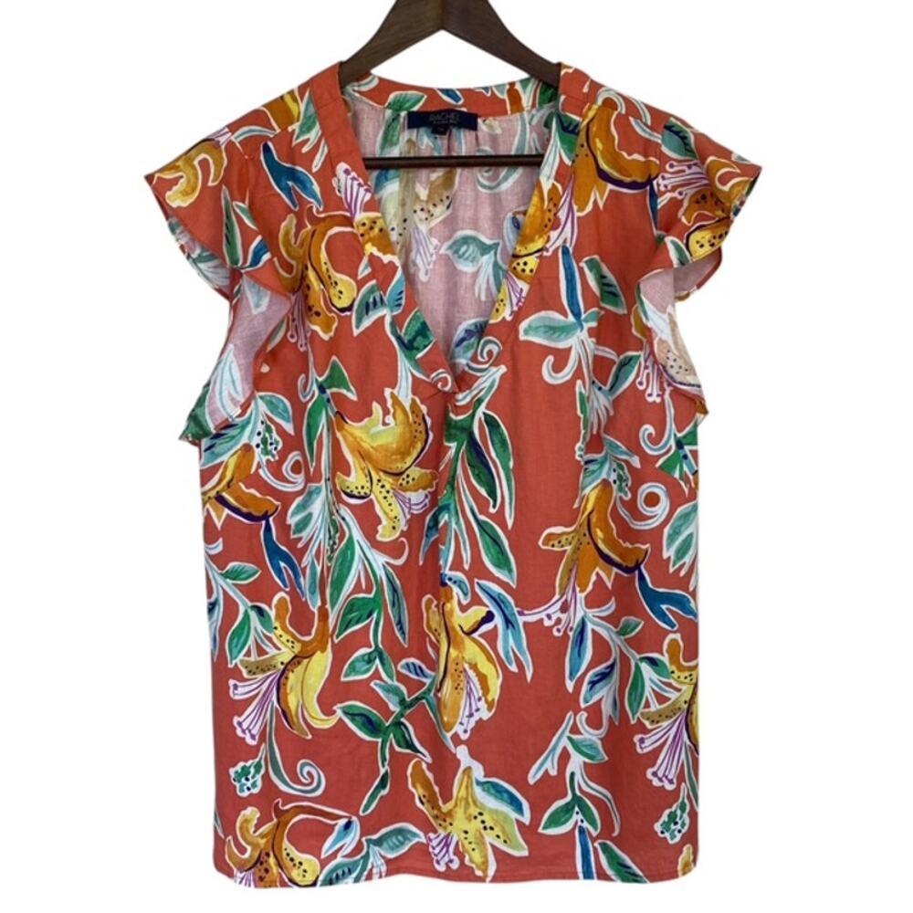 Rachel Roy Orange, Green and Yellow Floral V-Neck Top - 1x